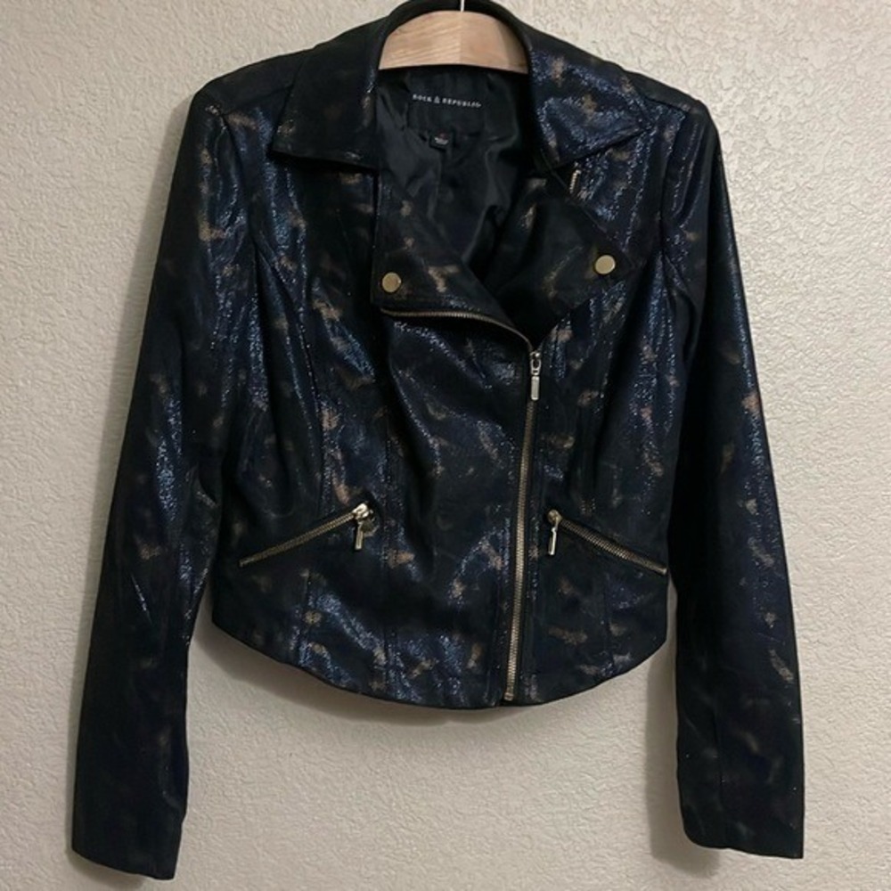 Rock & Republic Womens Black Metallic Distressed Faux Leather Moto‎ Jacket Small